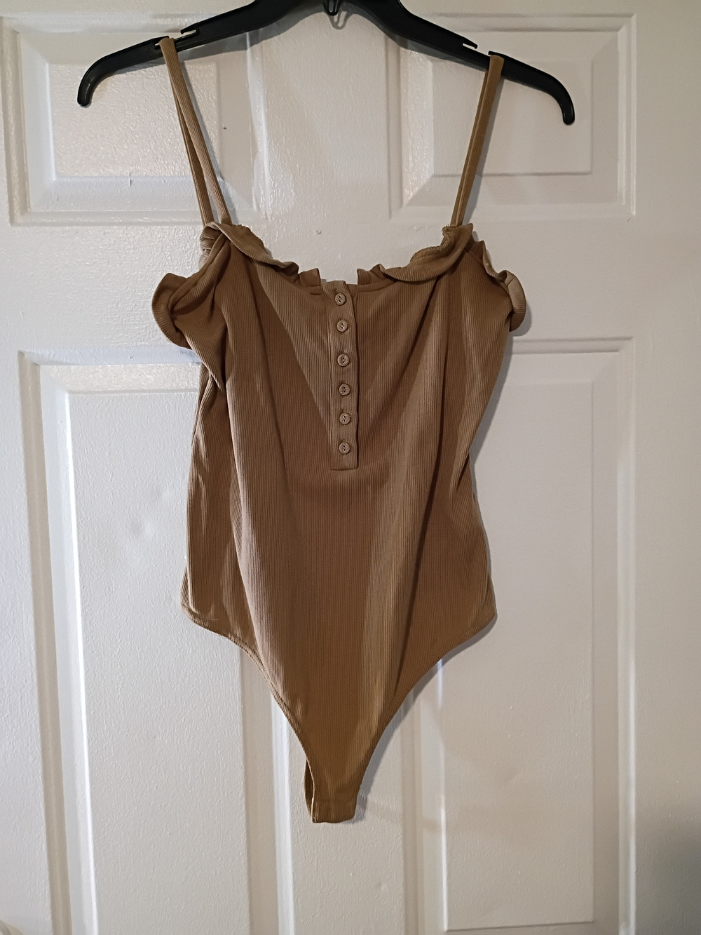 Kittenish Ribbed Button-Front Bodysuit in Camel